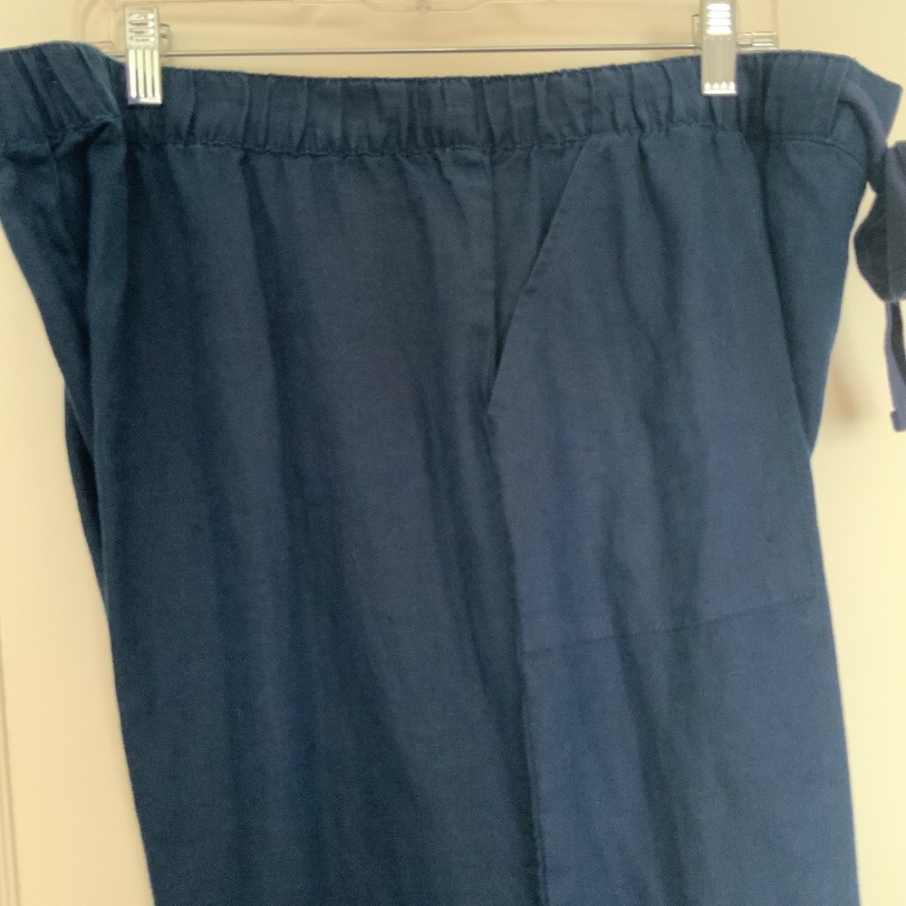 ELLEN TRACY Linen Crop Cuffed Pants, Drawstring, Navy Blue, sz XL